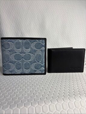 Coach Men's Denim Signature Canvas and Black Leather Bi-Fold Wallet Set